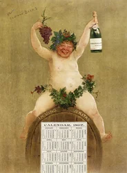 Werbekalender für Pfungst Freres Champagner, Darstellung von Bacchus auf einem Fass mit der Aufschrift 